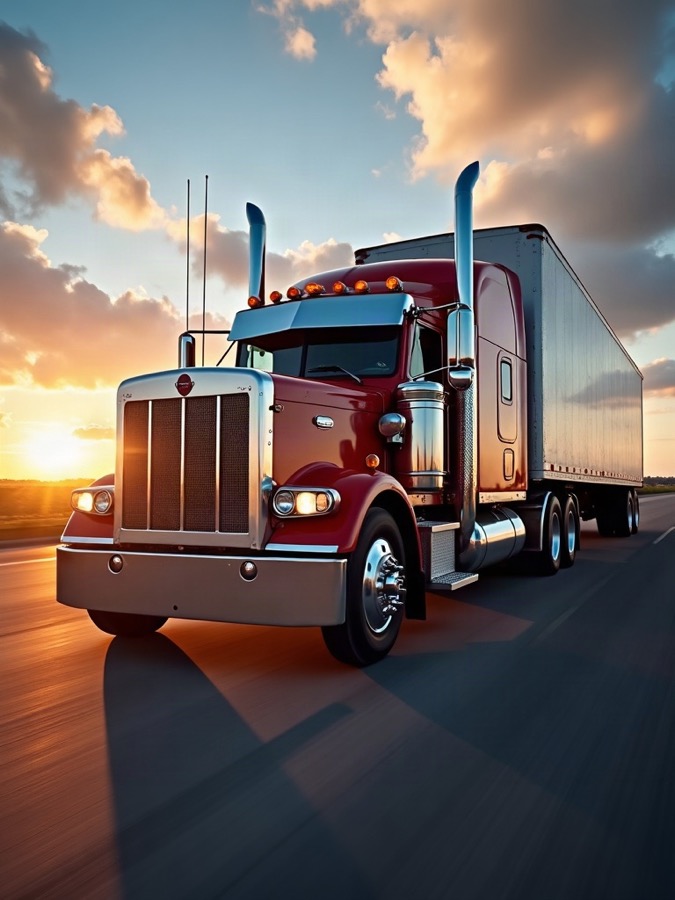 A heavy-duty sleeper tractor and dry van trailer at golden hour