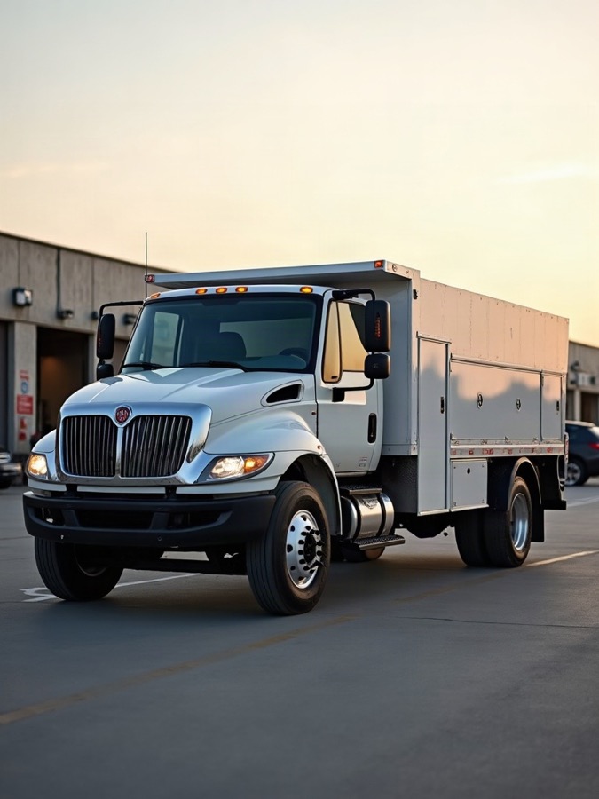 A medium-duty flatbed service truck parked at a contractor depot