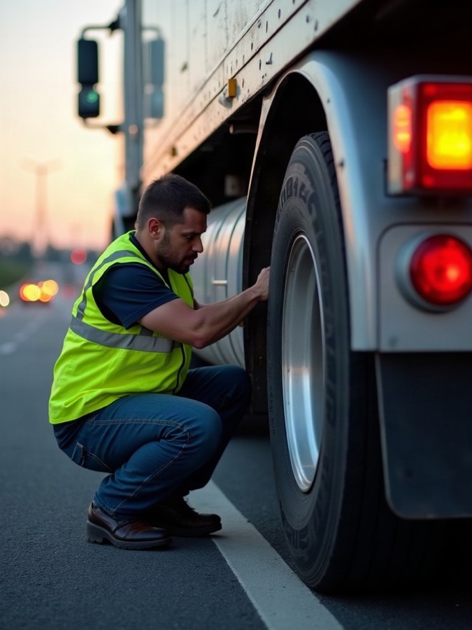 A technician in a high-visibility vest working on a truck wheel on the highway shoulder