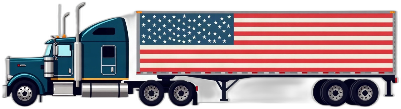 A heavy-duty tractor pulling a trailer liveried with the American flag